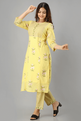Yellow Colored Bright Cotton Kurta With Pant And Dupatta 2