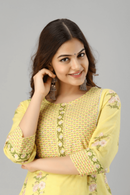 Yellow Colored Bright Cotton Kurta With Pant And Dupatta 3
