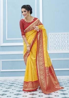 Yellow woven banarasi silk saree with blouse 1