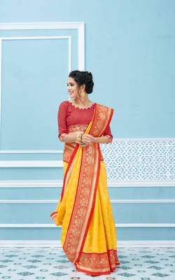 Yellow woven banarasi silk saree with blouse 2
