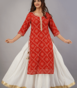 Red Colored Bandhani Print Embroidery Work Kurta With Inner