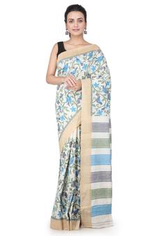 Off white hand woven silk saree with blouse