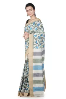 Off white hand woven silk saree with blouse