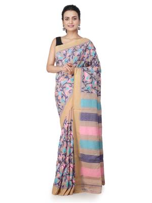Beige hand woven silk saree with blouse 1