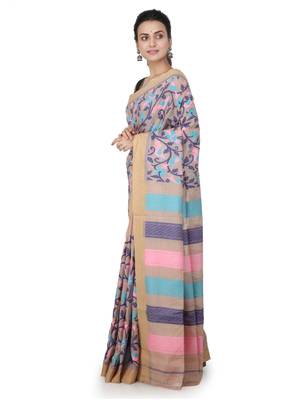Beige hand woven silk saree with blouse 2