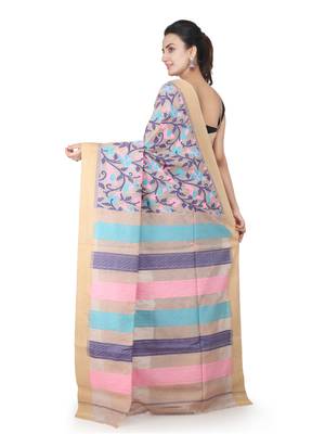Beige hand woven silk saree with blouse 3