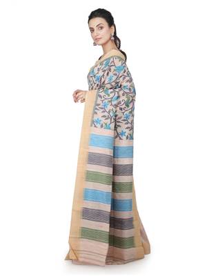 Beige hand woven silk saree with blouse 2