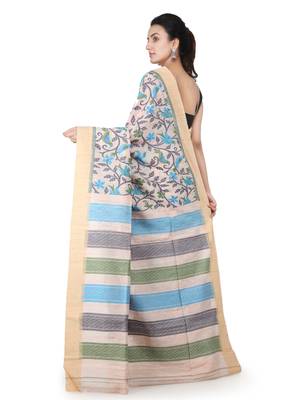 Beige hand woven silk saree with blouse 3