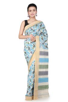 Off white hand woven silk saree with blouse