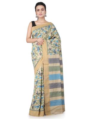 Beige hand woven silk saree with blouse 1