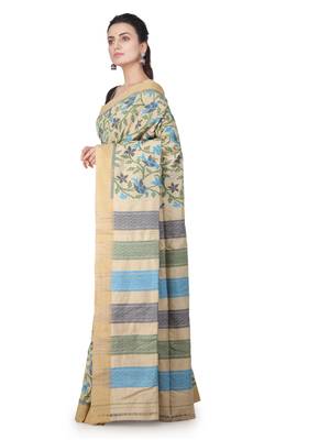 Beige hand woven silk saree with blouse 2