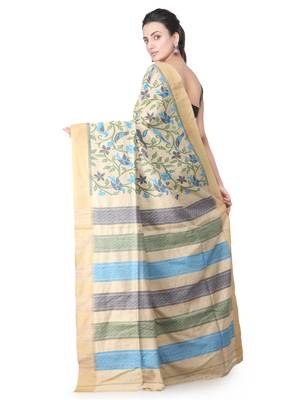Beige hand woven silk saree with blouse 3
