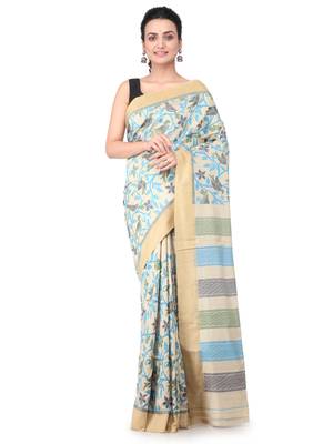 Beige hand woven silk saree with blouse 1