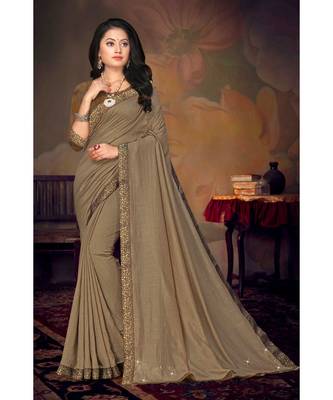 Indian Women Brown Vichitra silk Lace Work Designer Saree 1