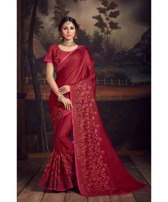 Indian Women Red Poly Silk Heavy Embroidered Work Designer Saree 1