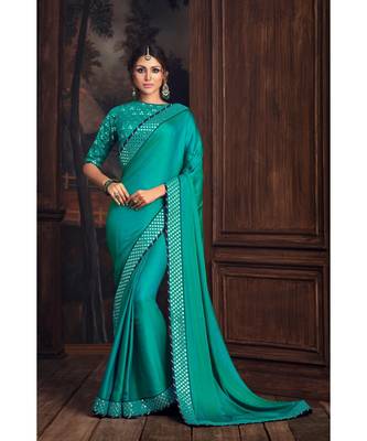 Indian Women Turquoise Green Poly Silk Heavy Embroidered Work Designer Saree 1