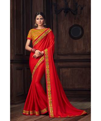 Indian Women Red Poly Silk Heavy Embroidered Work Designer Saree 1