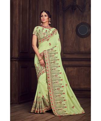 Indian Women Green Poly Silk Heavy Embroidered Work Designer Saree 1