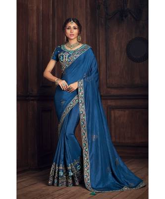 Indian Women Blue Poly Silk Heavy Embroidered Work Designer Saree 1
