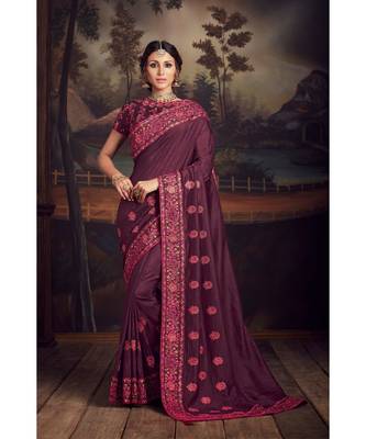 Indian Women Purple Poly Silk Heavy Embroidered Work Designer Saree 1