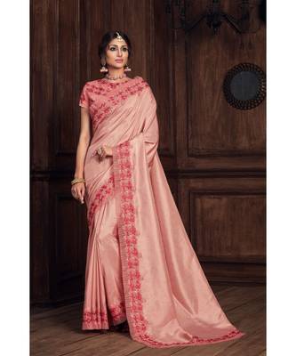 Indian Women Pink Poly Silk Heavy Embroidered Work Designer Saree 1