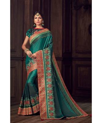 Indian Women Green Poly Silk Heavy Embroidered Work Designer Saree 1