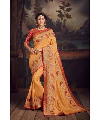 Indian Women Mustard Poly Silk Heavy Embroidered Work Designer Saree 1