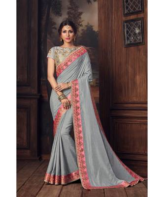 Indian Women Grey Poly Silk Heavy Embroidered Work Designer Saree 1