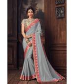 Indian Women Grey Poly Silk Heavy Embroidered Work Designer Saree