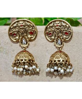 Antique Gold Red Enamel Jhumka Earrings 1