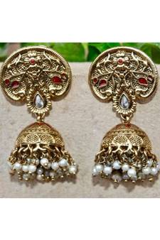 Antique Gold Red Enamel Jhumka Earrings