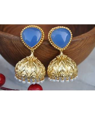 Blue Chalcedony Semi Precious 18K Gold Plated Jhumka Earrings 1