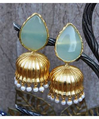 Aqua Calcedony Paan Semi Precious 18K Gold Plated Jhumka Earrings 1
