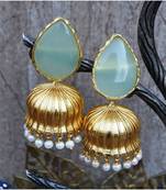 Aqua Calcedony Paan Semi Precious 18K Gold Plated Jhumka Earrings