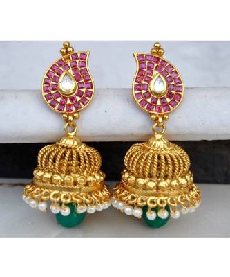 Red Kemp Studded Keri Shaped Jhumka Earrings with Green Drop 1