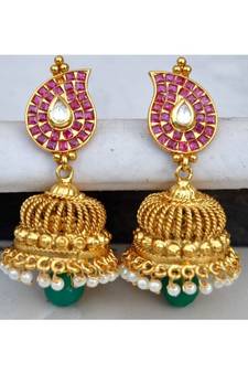 Red Kemp Studded Keri Shaped Jhumka Earrings with Green Drop