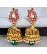 Red Kemp Studded Keri Shaped Jhumka Earrings with Green Drop