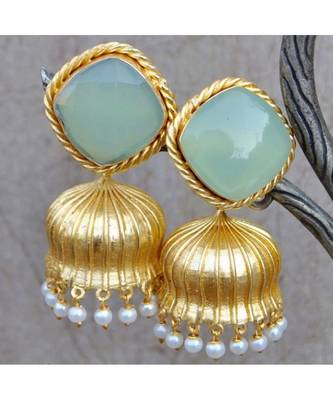 Pastel Green Square Stud Chalcedony 18K Gold Plated Jhumka Earrings 1