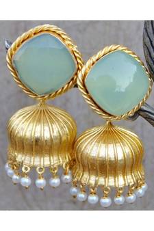 Pastel Green Square Stud Chalcedony 18K Gold Plated Jhumka Earrings