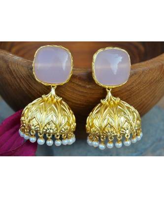 Rose Quartz Square Stud 18K Gold Plated Jhumka Earrings 1