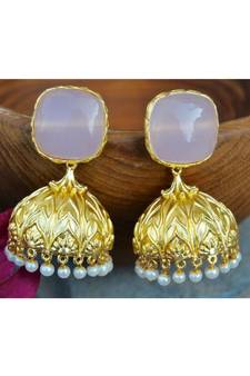 Rose Quartz Square Stud 18K Gold Plated Jhumka Earrings