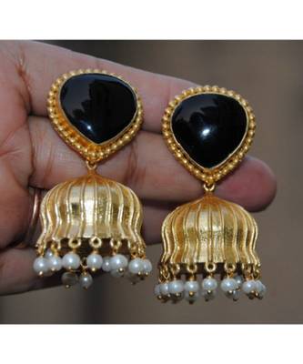 Black Melanite Garnet Heart 18K Gold Plated Jhumka Earrrings 1