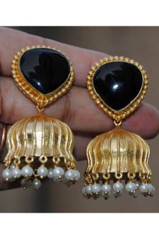 Black Melanite Garnet Heart 18K Gold Plated Jhumka Earrrings