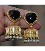 Black Melanite Garnet Heart 18K Gold Plated Jhumka Earrrings