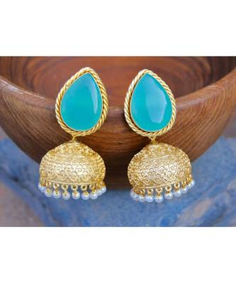 Aqua Chalcedony Paan 18K Gold Plated Jhumka Earrings 1