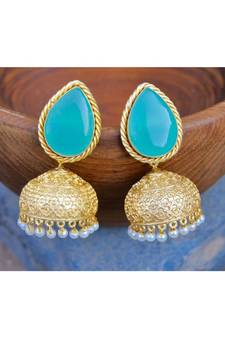 Aqua Chalcedony Paan 18K Gold Plated Jhumka Earrings