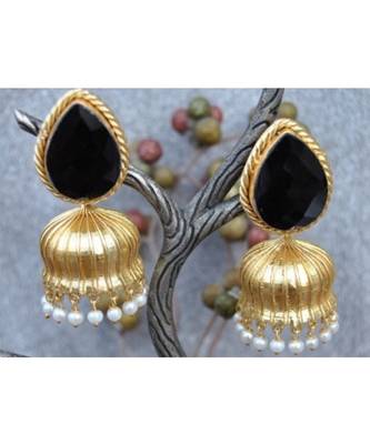 Black Melanite Garnet Paan 18K Gold Plated Jhumka Earrrings 1