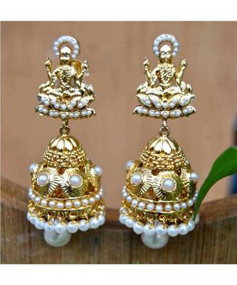 Gold Plated Goddess Pearl Jhumka Earrings 1