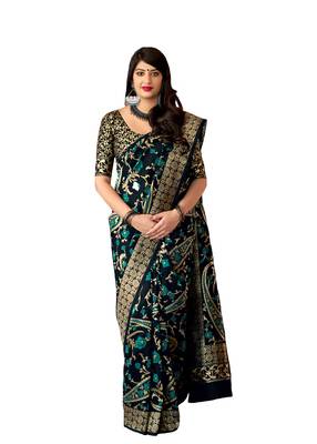 Navy blue printed banarasi silk saree with blouse 1