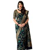 Navy blue printed banarasi silk saree with blouse